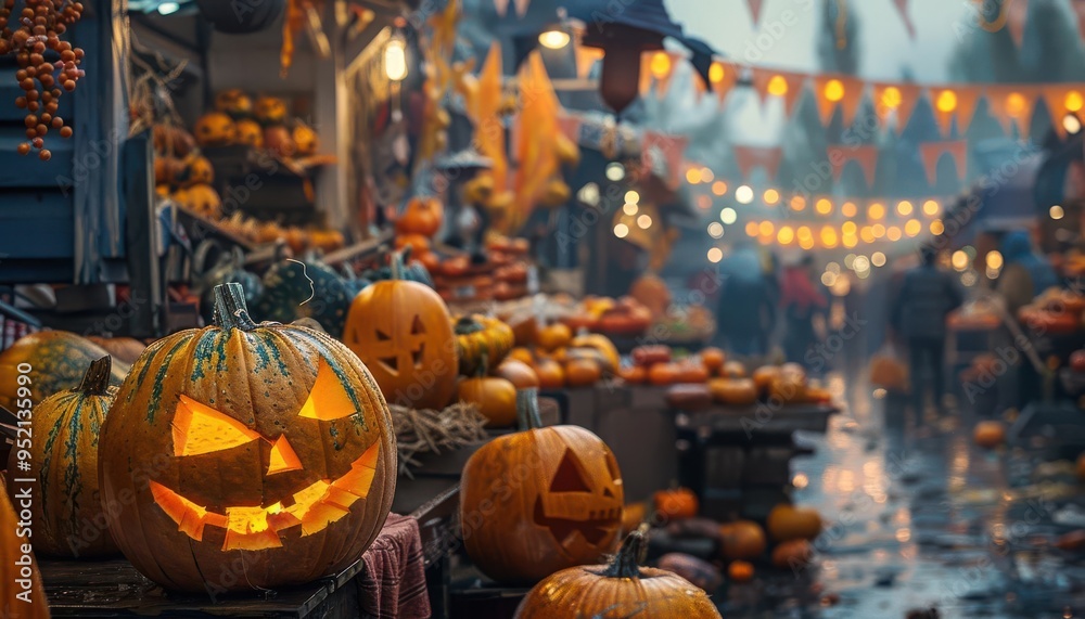 Fototapeta premium Festive Halloween market with pumpkins, jack-o'-lanterns, and lights. Autumn decor and seasonal ambiance in a cozy outdoor setting.