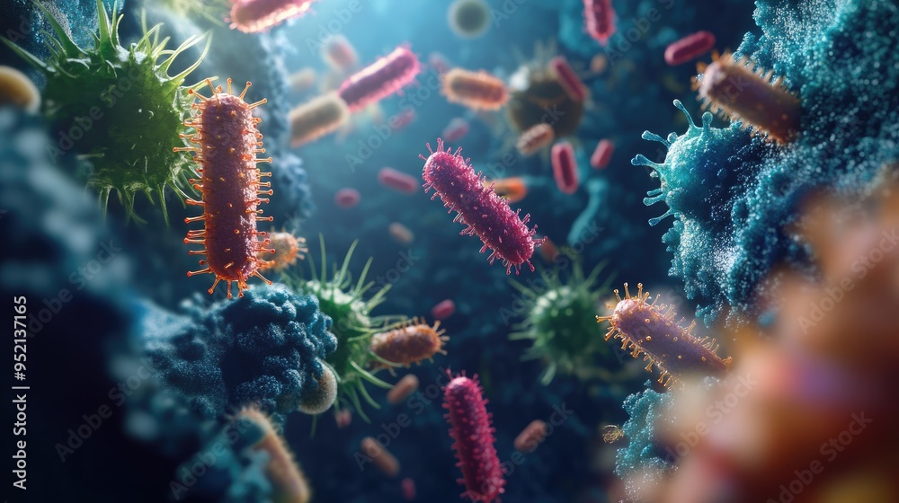 Naklejka premium 3D illustration of pathogenic microbes, including harmful bacteria and viruses, with space left for text overlay.
