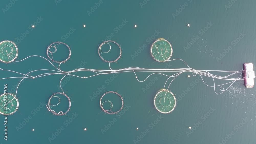 Aerial shot directly above a circular shaped fish farm Aerial shot directly above a circular shaped fish farm
