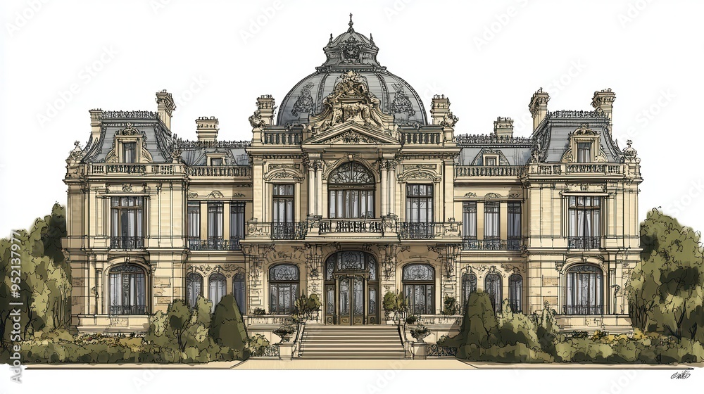 Fototapeta premium A detailed architectural illustration of an ornate mansion with a grand facade and gardens.