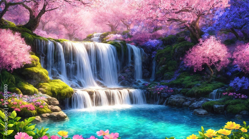 A beautiful paradise land full of flowers,  sakura trees, rivers and waterfalls, a blooming and magical idyllic Eden garden