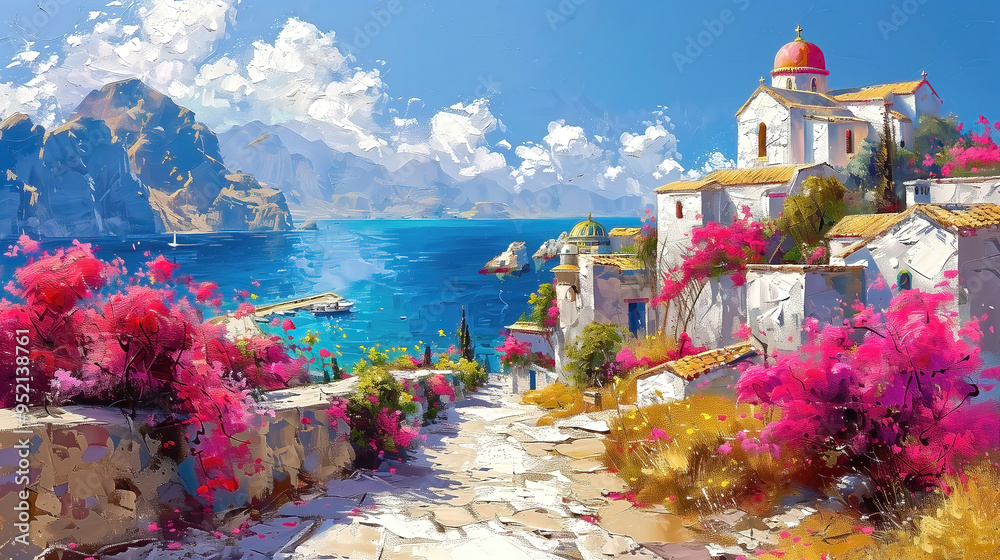 Fototapeta premium Oil painting of a small town on the Mediterranean Sea, mountains in the background, beautiful summer weather.