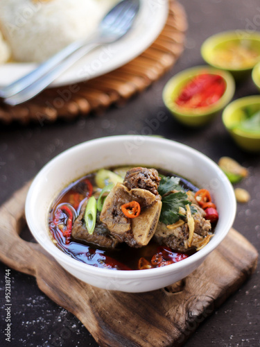 Garang Asem Iga Sapi, Beef Ribs Sweet Sour Soup, Indonesian traditional dish, delicious, deep and rich taste photo