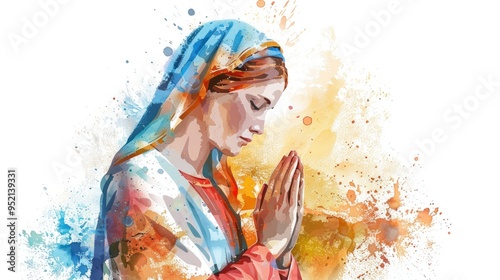 Beautiful watercolor illustration of the Virgin Mary praying in devotion, isolated on a white background.