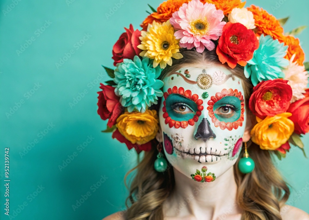 Day of the Dead. Sugar skull makeup. Woman with flower wreath on her head. Day of the Dead. Sugar skull makeup. Woman with flower wreath on her head.