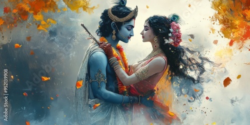 Divine Romance: Abstract Radha Krishna Wall Art in Vibrant Watercolors. Elegant Hindu Couple Poster for Modern Spiritual Decor. Minimalist Religious Design with Textured Red-Blue Palette, Perfect for 