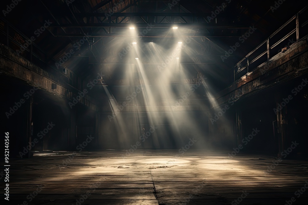 Fototapeta premium Abandoned room with spotlights shining down and dust in the air grunge style