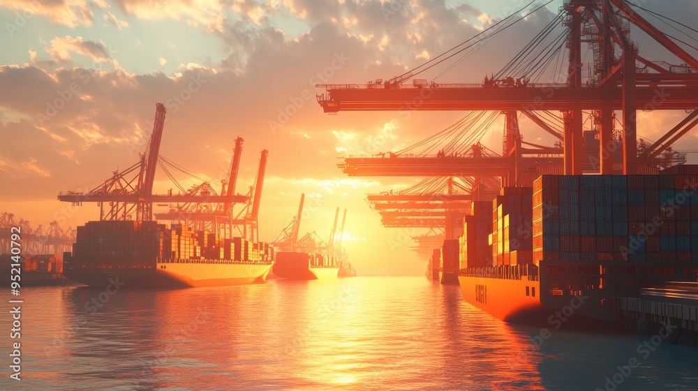Dynamic 3D Rendering of Cranes Lifting Freight Containers at a Busy Industrial Harbor