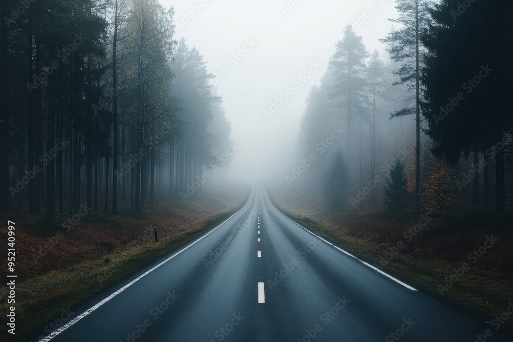 A foggy road winding through a serene forest landscape. A foggy road winding through a serene forest landscape.