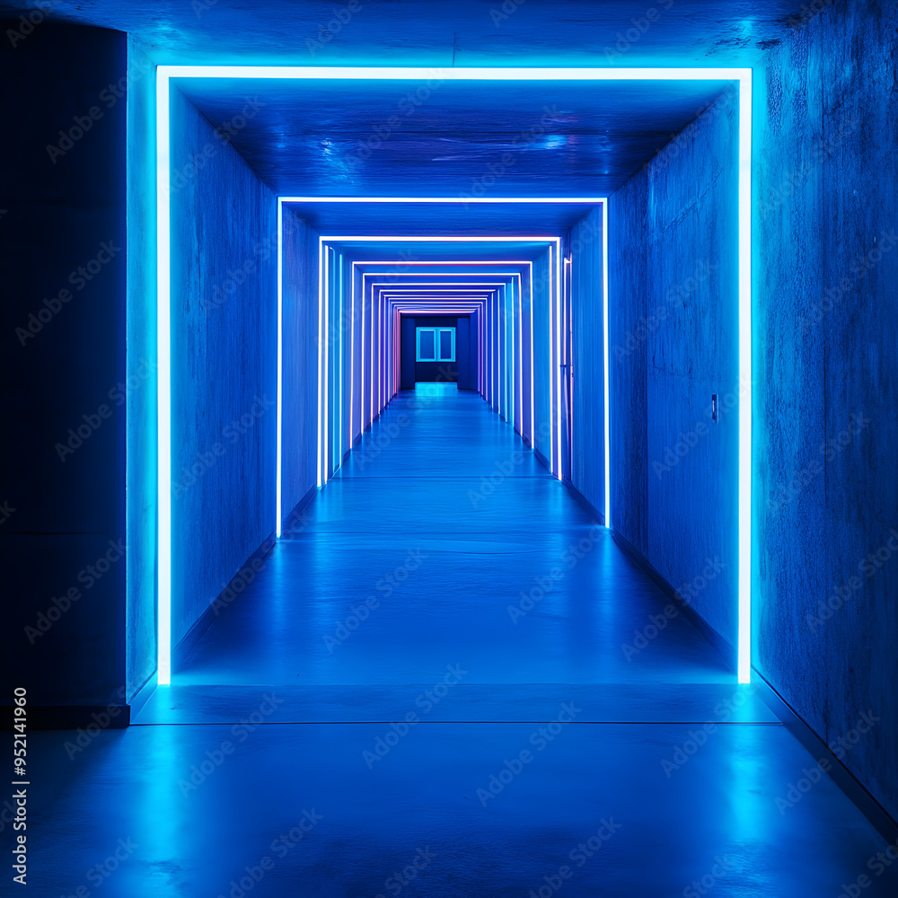 Vivid blue neon hallway glowing with mysterious and modern ambiance image Vivid blue neon hallway glowing with mysterious and modern ambiance image