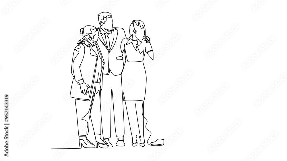 Animated self drawing of continuous line draw of young male and female business people posing hugging each other to celebrate their success. Business goal achievement. Full length one line animation Animated self drawing of continuous line draw of young male and female business people posing hugging each other to celebrate their success. Business goal achievement. Full length one line animation