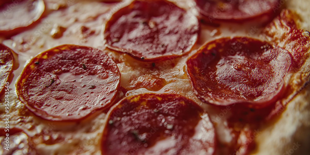 Nahaufnahme einer verlockenden Salamipizza. Knuspriger Teig, saftige Tomatensauce, geschmolzener Käse. Würzige Salamischeiben glänzen appetitlich. Dampfend heiß, zum Anbeißen Nahaufnahme einer verlockenden Salamipizza. Knuspriger Teig, saftige Tomatensauce, geschmolzener Käse. Würzige Salamischeiben glänzen appetitlich. Dampfend heiß, zum Anbeißen