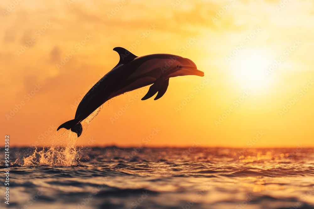 Naklejka premium A graceful dolphin leaps joyfully over the waves during a stunning sunset, creating a magical moment in nature.