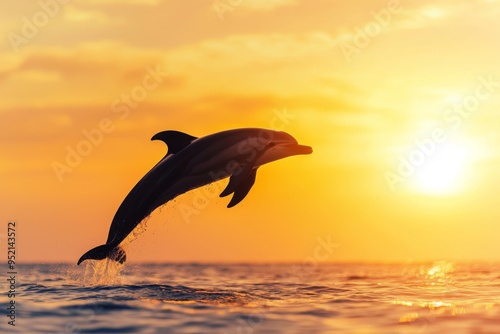 A graceful dolphin leaps from the ocean at sunset, showcasing its agility against a breathtaking orange and yellow sky.