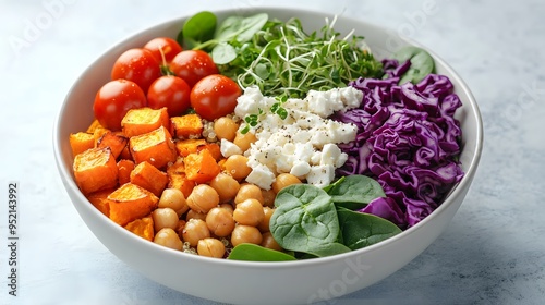 Colorful Buddha bowl, fresh vegetarian salad, white ceramic bowl, white marble countertop, vibrant ingredients, roasted chickpeas, quinoa, cherry tomatoes, sweet potato cubes.