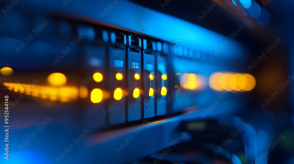 Naklejka premium Network Security Appliances such as Firewalls Routers and Switches Installed in a Well Organized Data Center Setup for Secure Information Technology Infrastructure