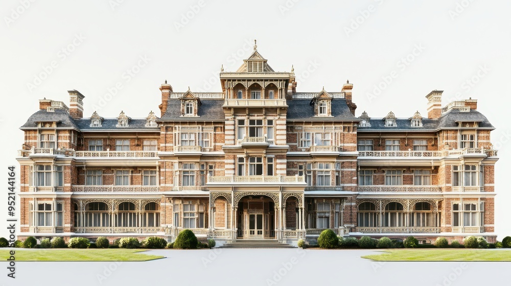 Fototapeta premium A grand architectural mansion with detailed brickwork and multiple balconies.