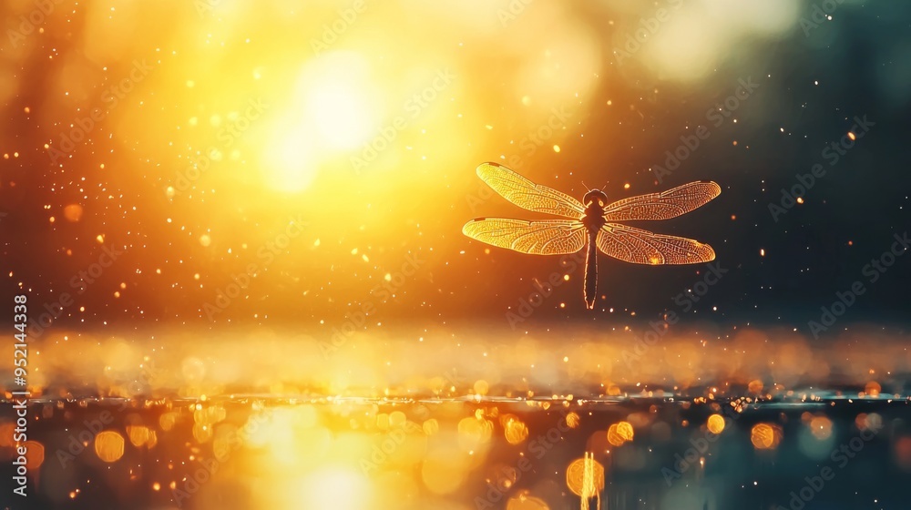 Naklejka premium A graceful dragonfly hovers in the golden light, surrounded by shimmering droplets, capturing the essence of nature's beauty.