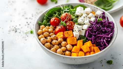 Colorful Buddha bowl, fresh vegetarian salad, white ceramic bowl, white marble countertop, vibrant ingredients, roasted chickpeas, quinoa, cherry tomatoes, sweet potato cubes.