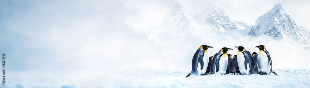 Fototapeta premium A group of penguins huddled together against a snowy backdrop, showcasing the beauty of wildlife in a frozen landscape.