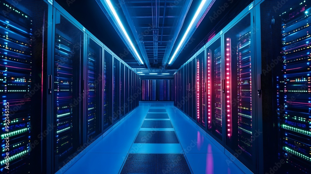 Encrypted data hardware and security technology installed in a modern data center facility The image showcases the critical infrastructure and components required for secure data processing storage Encrypted data hardware and security technology installed in a modern data center facility The image showcases the critical infrastructure and components required for secure data processing storage