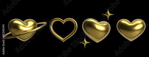 3D gold heart shapes with shiny metallic effect. Inflated, hollow, and ringed heart designs with golden stars for love romantic, luxury, and decorative projects, perfect for Valentine's Day themes