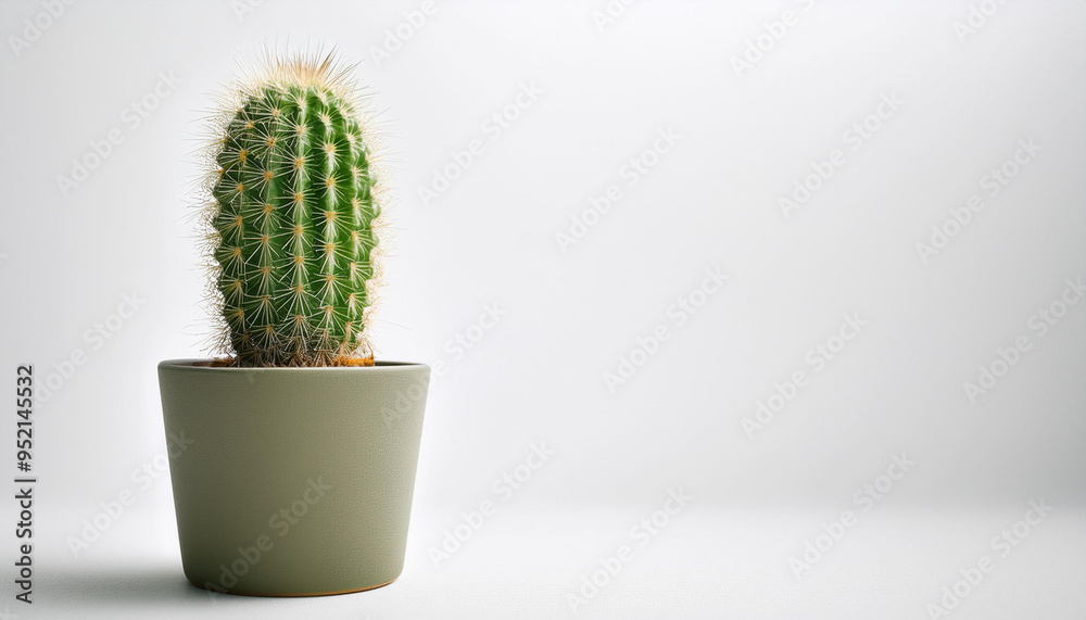 Green cactus in pot against minimalistic white background, home decor. Urban gardening, copy space Green cactus in pot against minimalistic white background, home decor. Urban gardening, copy space