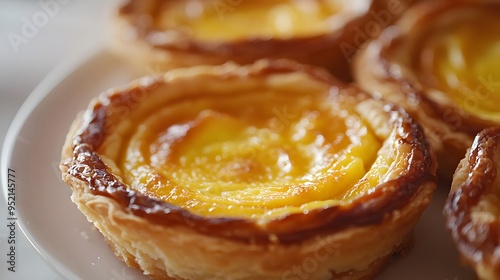 Freshly baked pastry, golden brown crust, creamy custard filling, Portuguese egg tart, flaky layers, caramelized top, soft and gooey center, mouth-watering dessert, food photography.