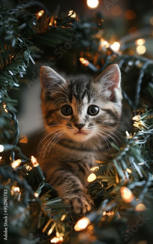 Adorable kitten nestled in festive Christmas lights, surrounded by green garland, creating a cozy and heartwarming holiday scene. photo