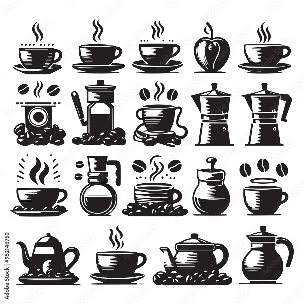 Fototapeta premium Print Coffee Beans Black silhouette vector in white background 
