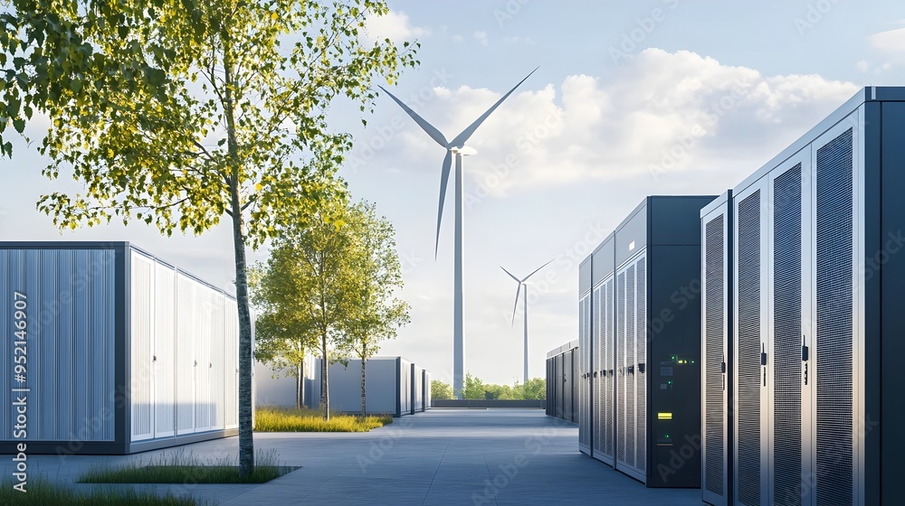 Sustainable Data Center Powered by Renewable Wind Energy   A modern and efficient facility harnessing clean electricity from wind turbines to power its digital infrastructure