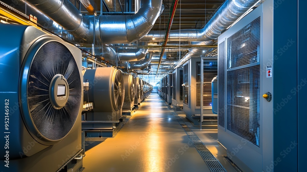 Energy efficient cooling systems and equipment in a modern sustainable data center facility powered by renewable energy and designed for optimal environmental performance and efficiency Energy efficient cooling systems and equipment in a modern sustainable data center facility powered by renewable energy and designed for optimal environmental performance and efficiency