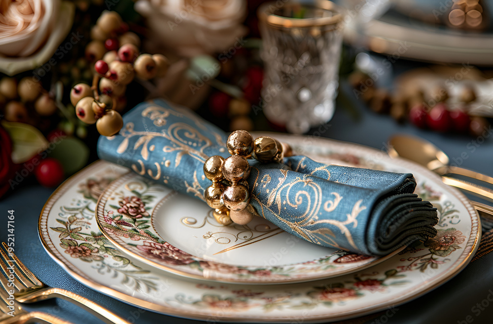 a table setting with a blue tablecloth and gold cutlery. On the table, there is a white plate with a floral design and a blue napkin folded neatly on top. a table setting with a blue tablecloth and gold cutlery. On the table, there is a white plate with a floral design and a blue napkin folded neatly on top.
