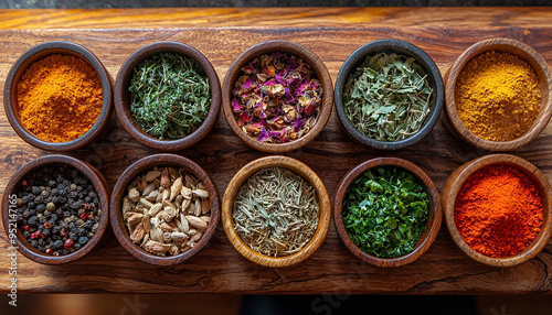 Wooden bowl with variety of colorful spices collection generated by AI