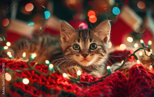 Adorable tabby kitten surrounded by festive Christmas lights, laying on a cozy red knit blanket, evoking holiday spirit and warmth.