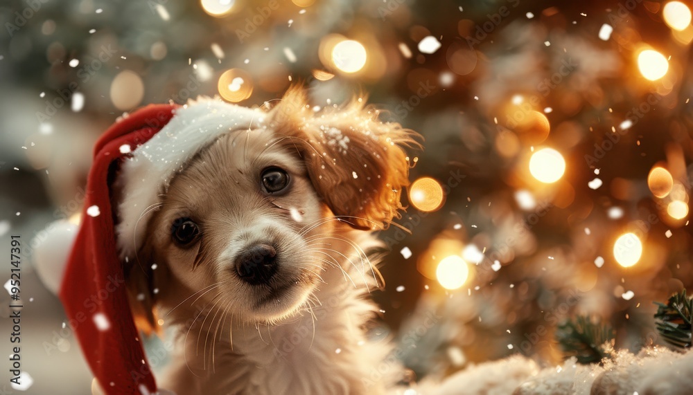 Adorable puppy wearing a Santa hat with a festive Christmas background of lights and snowflakes, perfect for holiday themes. Adorable puppy wearing a Santa hat with a festive Christmas background of lights and snowflakes, perfect for holiday themes.