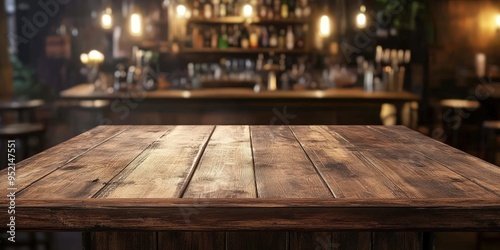 Empty Wooden Tabletop in a Blurred Bar Setting photo