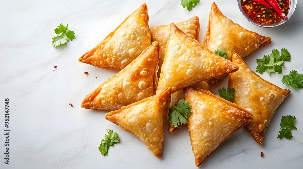 Golden crispy samosas on white marble countertop, top view, Indian appetizers, flaky pastry, spicy filling, garnished with fresh cilantro leaves, red chili pepper, food photography. Golden crispy samosas on white marble countertop, top view, Indian appetizers, flaky pastry, spicy filling, garnished with fresh cilantro leaves, red chili pepper, food photography.