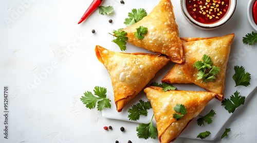 Golden crispy samosas on white marble countertop, top view, Indian appetizers, flaky pastry, spicy filling, garnished with fresh cilantro leaves, red chili pepper, food photography. photo