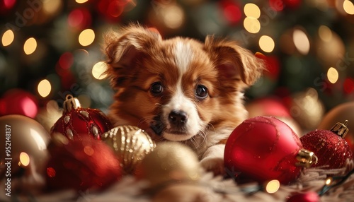 Adorable puppy surrounded by festive Christmas ornaments, creating a warm and joyful holiday feeling.