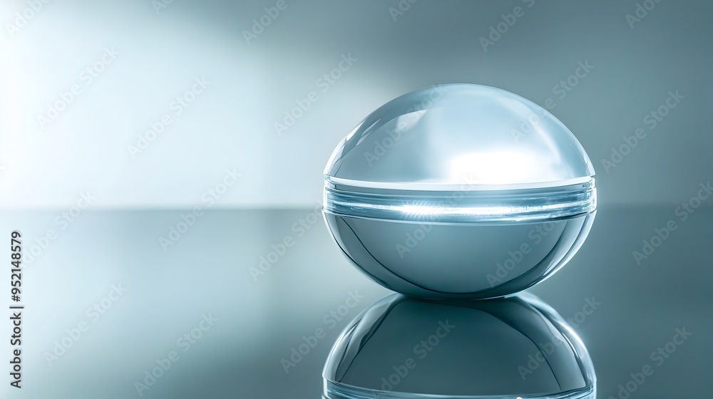 Futuristic skincare device emitting soft glowing light placed on a reflective surface offering ample copy space for product branding or advertising Futuristic skincare device emitting soft glowing light placed on a reflective surface offering ample copy space for product branding or advertising