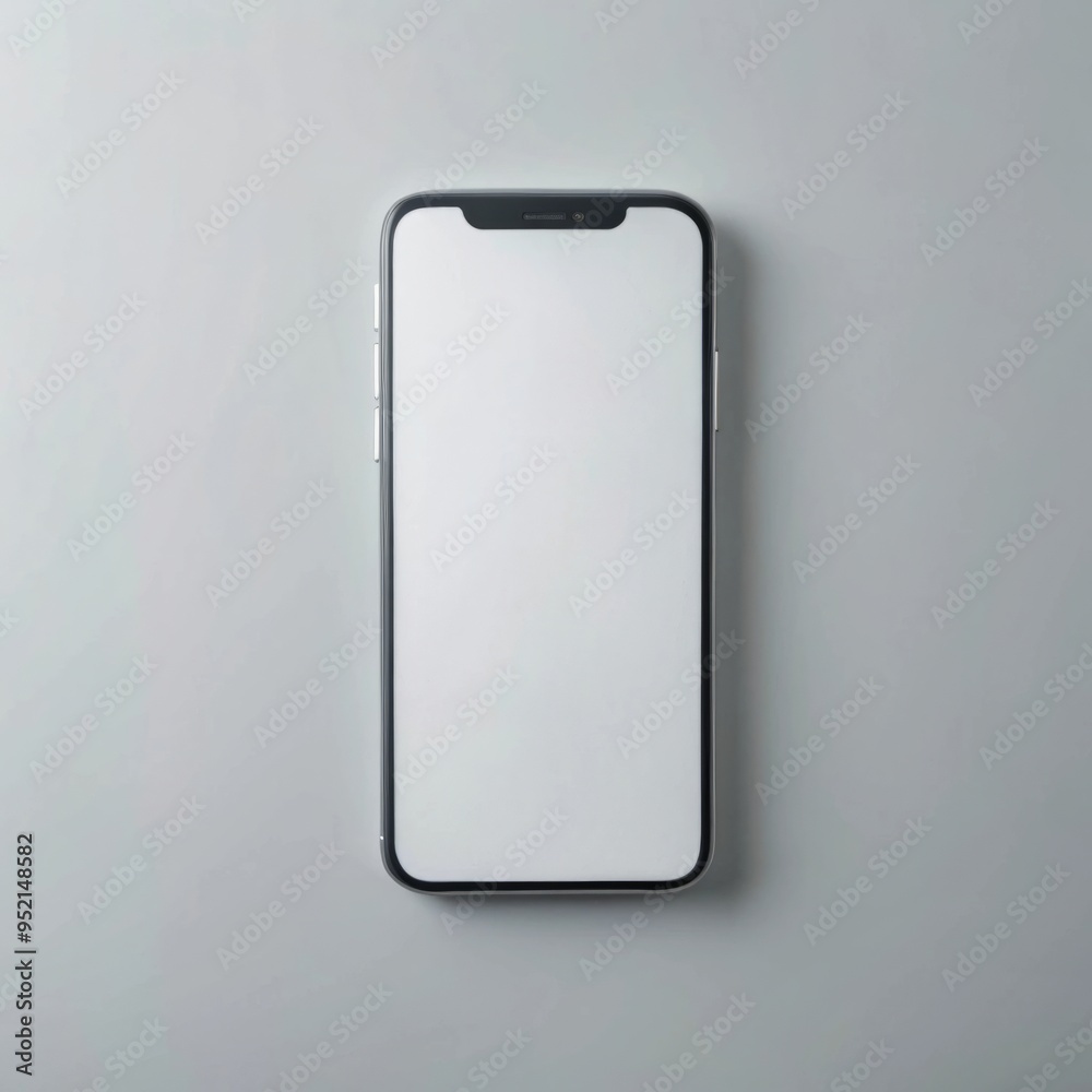 A sleek smartphone with a black frame and a blank white screen lies flat on a minimalist, light grey surface. A sleek smartphone with a black frame and a blank white screen lies flat on a minimalist, light grey surface.