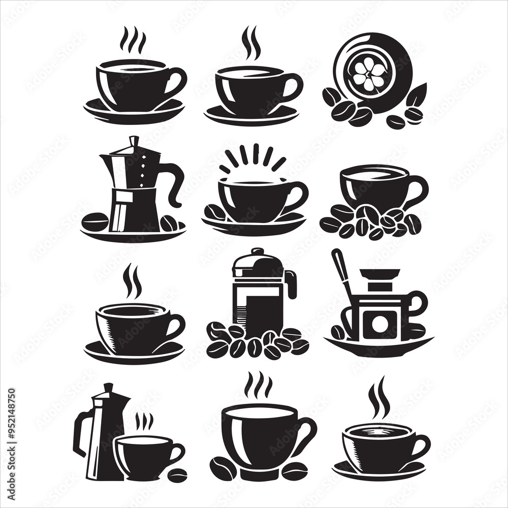 Obraz premium Print Coffee Beans Black silhouette vector in white background 