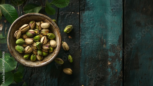 Rustic Bowl of Fresh Pistachios with Green Leaves