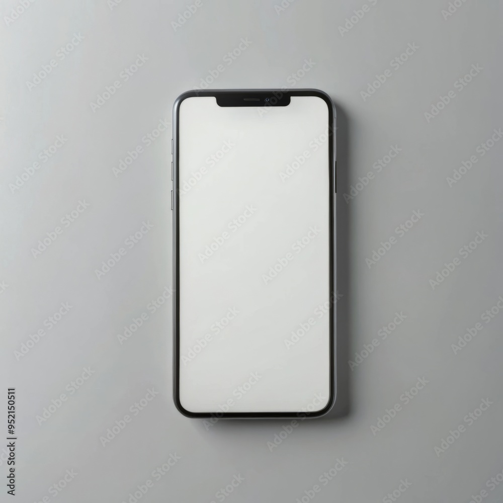 A sleek smartphone with a black frame and a blank white screen lies flat on a minimalist, light grey surface. A sleek smartphone with a black frame and a blank white screen lies flat on a minimalist, light grey surface.