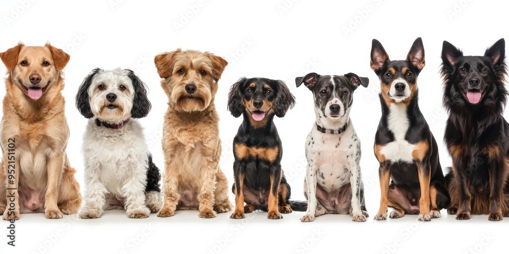 Obraz premium Variety of Ten Different Dogs Sitting Side by Side - Canine Companions for Pet Enthusiasts and Animal Lovers.