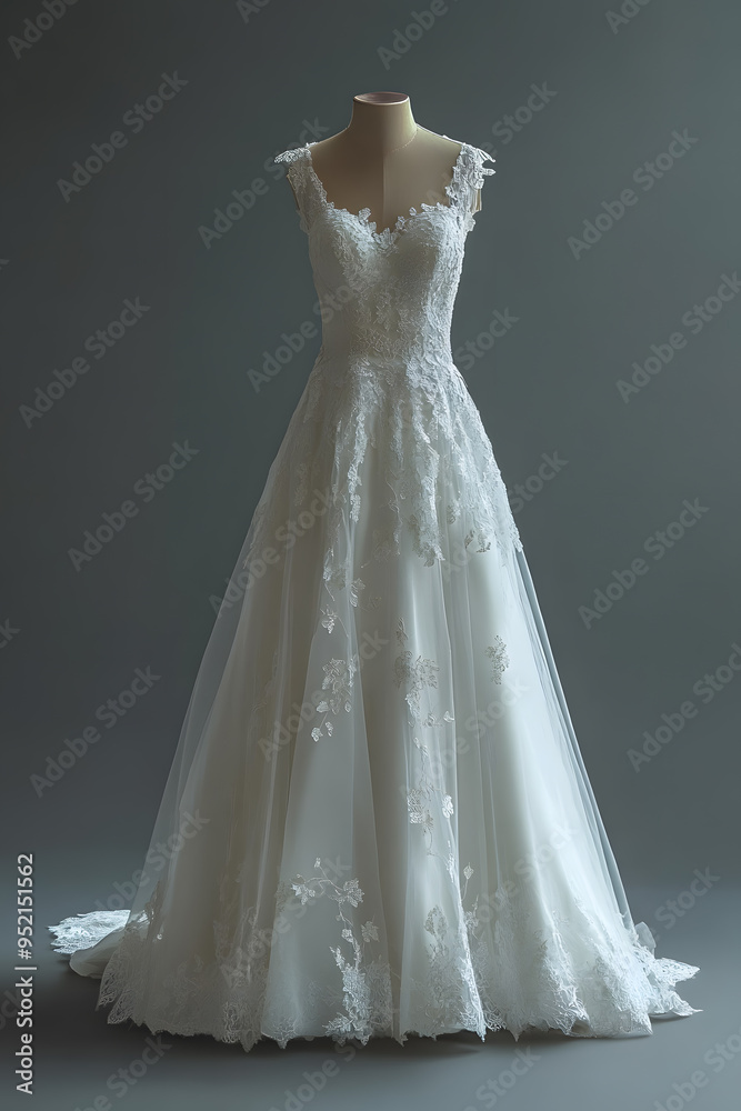 White wedding dress isolated on light grey background White wedding dress isolated on light grey background