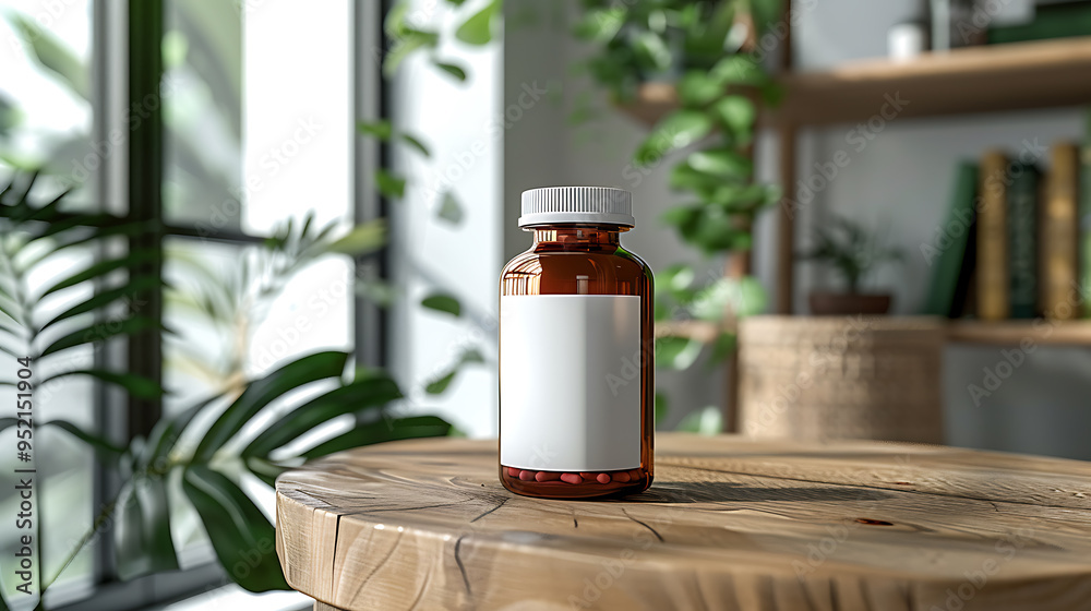 A close-up of a brown bottle with a white label sitting on a wooden table. The bottle contains pills and is in front of a window with greenery. A close-up of a brown bottle with a white label sitting on a wooden table. The bottle contains pills and is in front of a window with greenery.