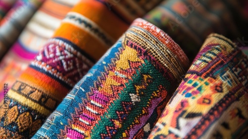 Intricately woven Peruvian fabrics in a close-up view, capturing the artistry and cultural significance of traditional designs.