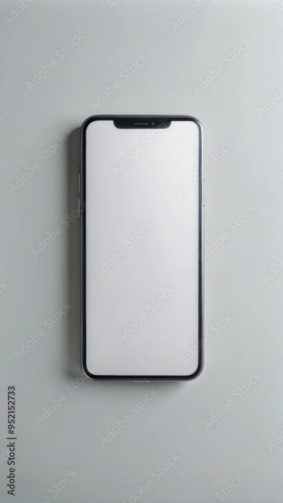 A sleek smartphone with a black frame and a blank white screen lies flat on a minimalist, light grey surface. A sleek smartphone with a black frame and a blank white screen lies flat on a minimalist, light grey surface.